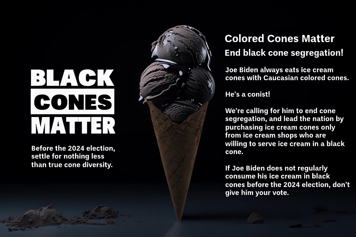 Image presents a picture of dark, chocolate brown colored, ice cream in a dark, almost black, ice cream cone with the logo of "Black Cones Matter".